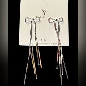 925 Sterling Silver Bow Tassel Drop Earrings Elegant Long Ribbon Dangle style